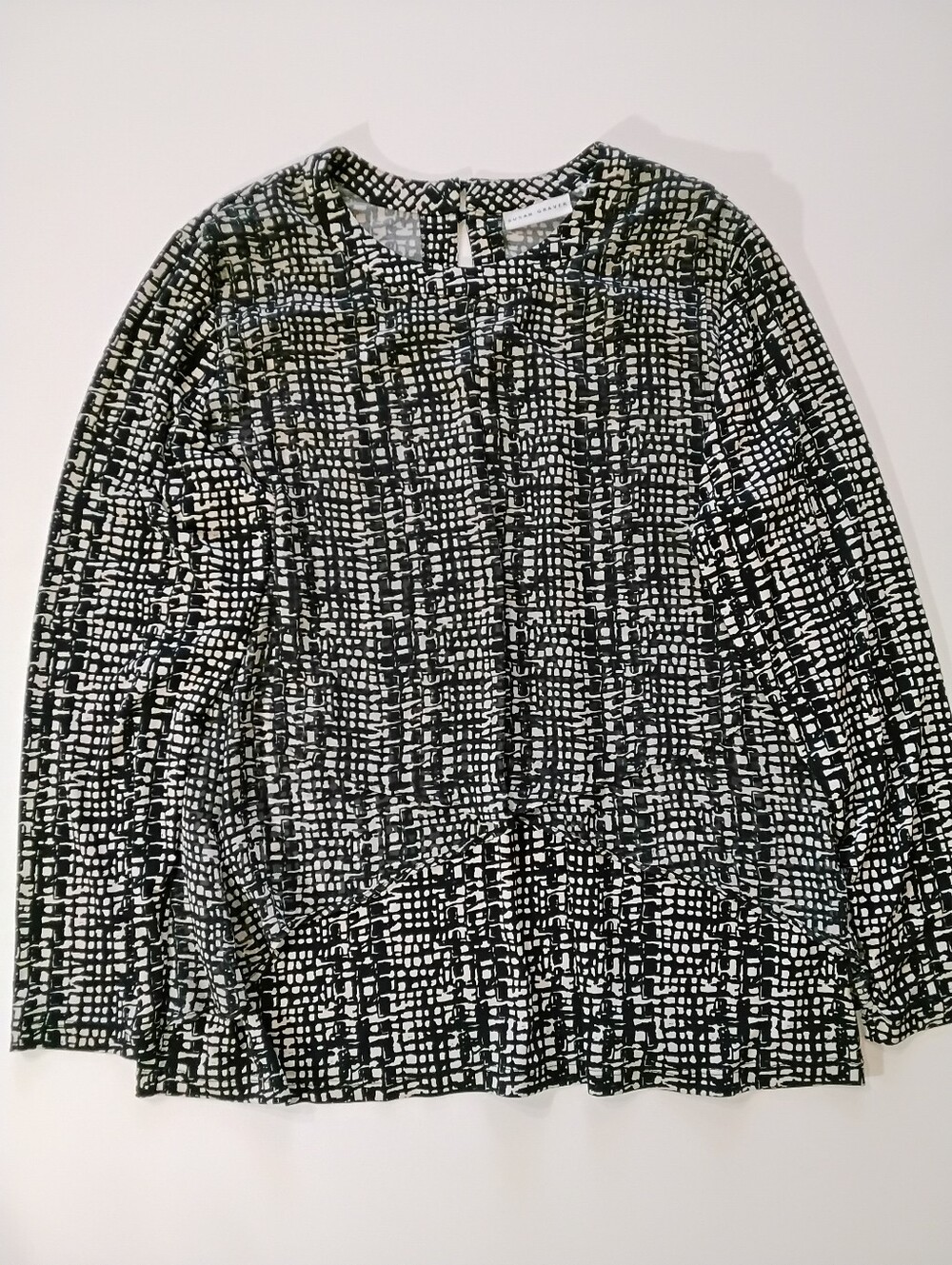 Susan Graver Liquid Knit Tunic Womens Large Black Cream Abstract‎ Tiered Layered